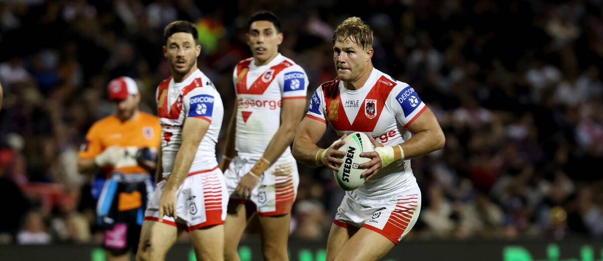 St George Illawarra forward Jack de Belin runs the ball forward during an NRL game at WIN Stadium in July. Picture by Sylvia Liber
