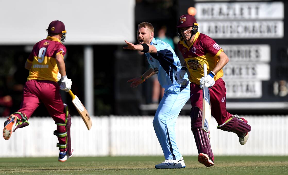 HOWZAT: Nathan McAndrew successfully appeals to the umpire after dismissing Queensland batsman Sam Heazlett. Picture: Bradley Kanaris/Getty Images