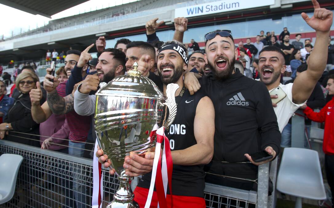 GLORY DAYS: Van Elia celebrates after Corrimal claimed victory in the 2019 Illawarra Premier League grand final. Picture: Anna Warr