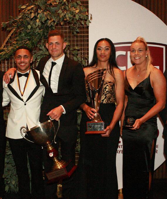 DELIGHTED: Tyrone Roberts (left), Cameron Vazzoler, Takilele Katoa and Kara-Lee Nolan won CRL awards for 2019. Picture: Country Rugby League