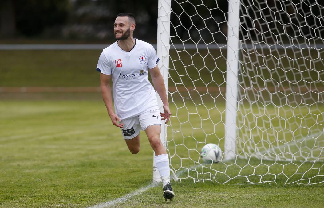 PLEASED: Olympic's Matthew Floro celebrates scoring the second goal of Saturday's match against Wollongong United. Picture: Anna Warr 