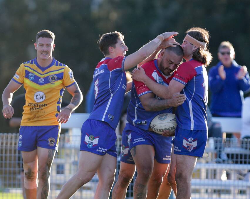 HAPPY DAYS: Dylan Farrell celebrates with his Lions teammates after scoring a try against Warilla-Lake South in May. Picture: Adam McLean
