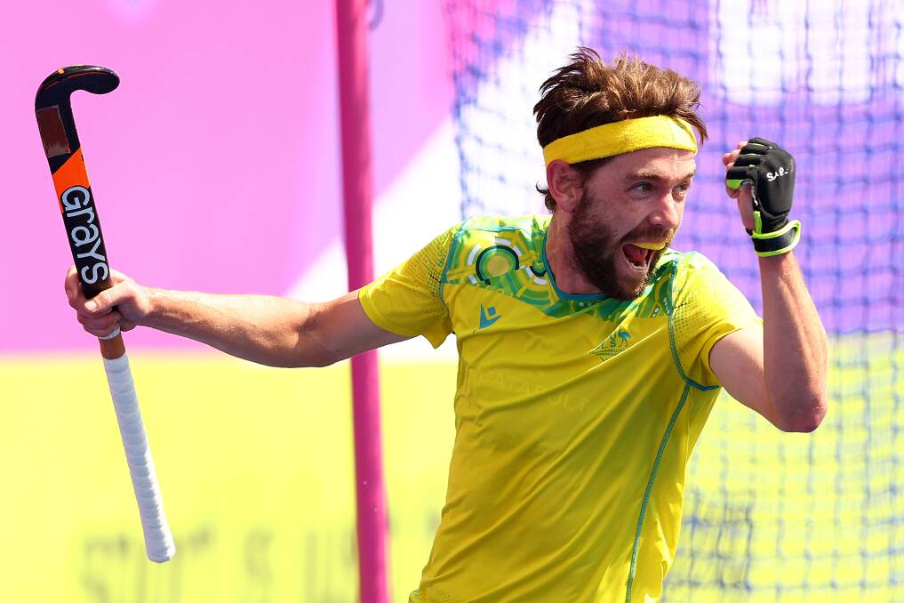 TRIUMPH: Wollongong's Flynn Ogilvie celebrates after setting up the Kookaburras' second goal in the final. Picture: Elsa/Getty Images