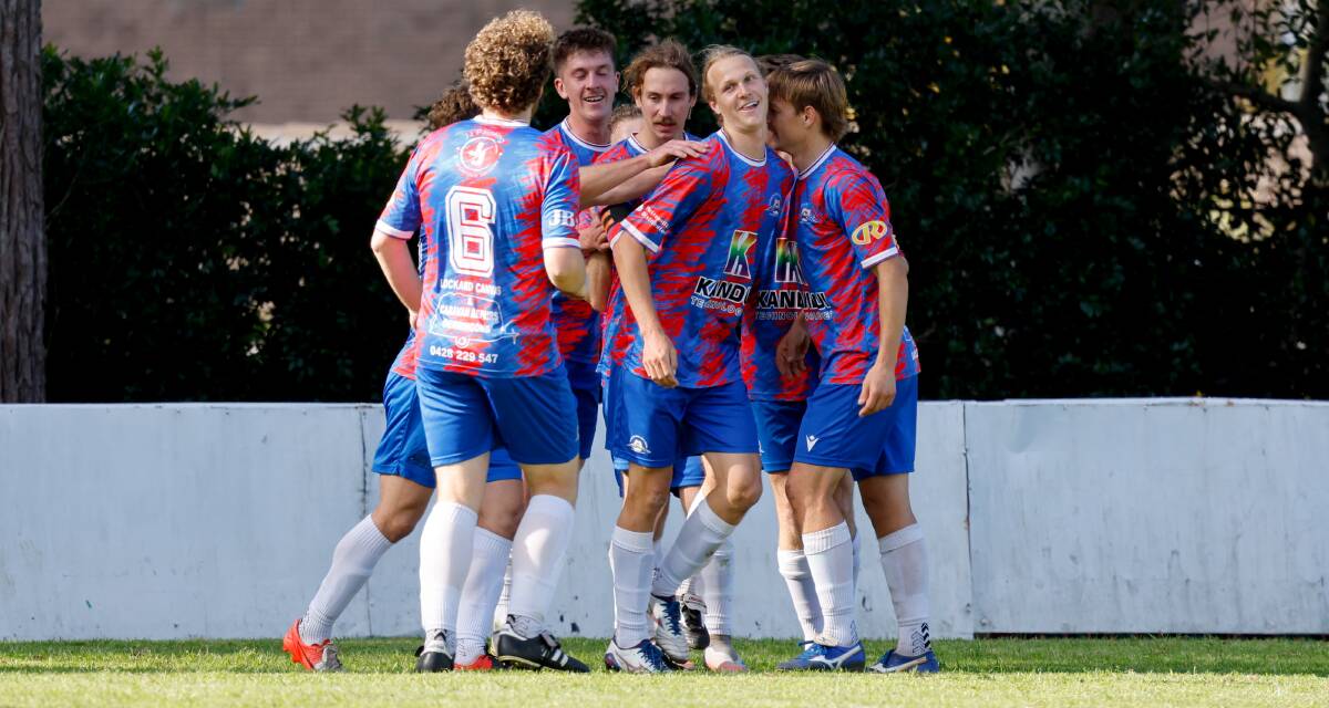 Gerringong players celebrate after scoring a goal in their elimination final against Oak Flats last month. Picture by Anna Warr