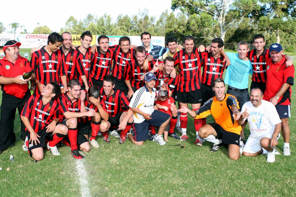 GLORY DAYS: Coach Icko Atanasoski, Cringila club members and players celebrate after winning the 2008 Corrimal Leagues Club Knockout final at Memorial Park. Picture: Wayne Venables