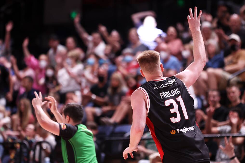 IN THE SPOTLIGHT: Harry Froling of the Hawks celebrates shooting a three-pointer at the WIN Entertainment Centre on Monday night. Picture: Mark Kolbe/Getty Images
