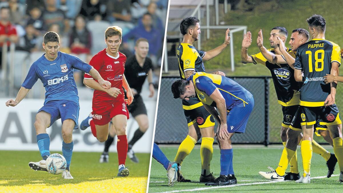 Former Sydney United star Yianni Perkatis (left) is thrilled to have joined South Coast Flame (right) in 2024. Pictures by Anna Warr and @gragrapix