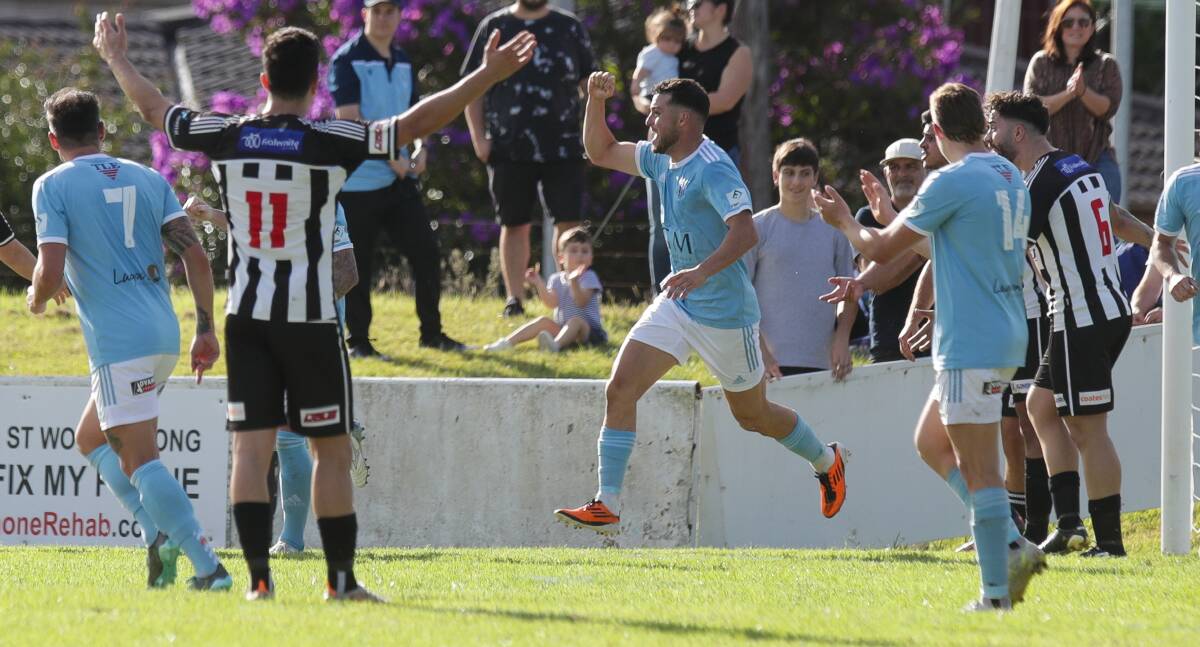 DELIGHT: Olympic's Stefan Demoski celebrates after scoring a goal against Port Kembla at Wetherall Park on Friday. Picture: Adam McLean