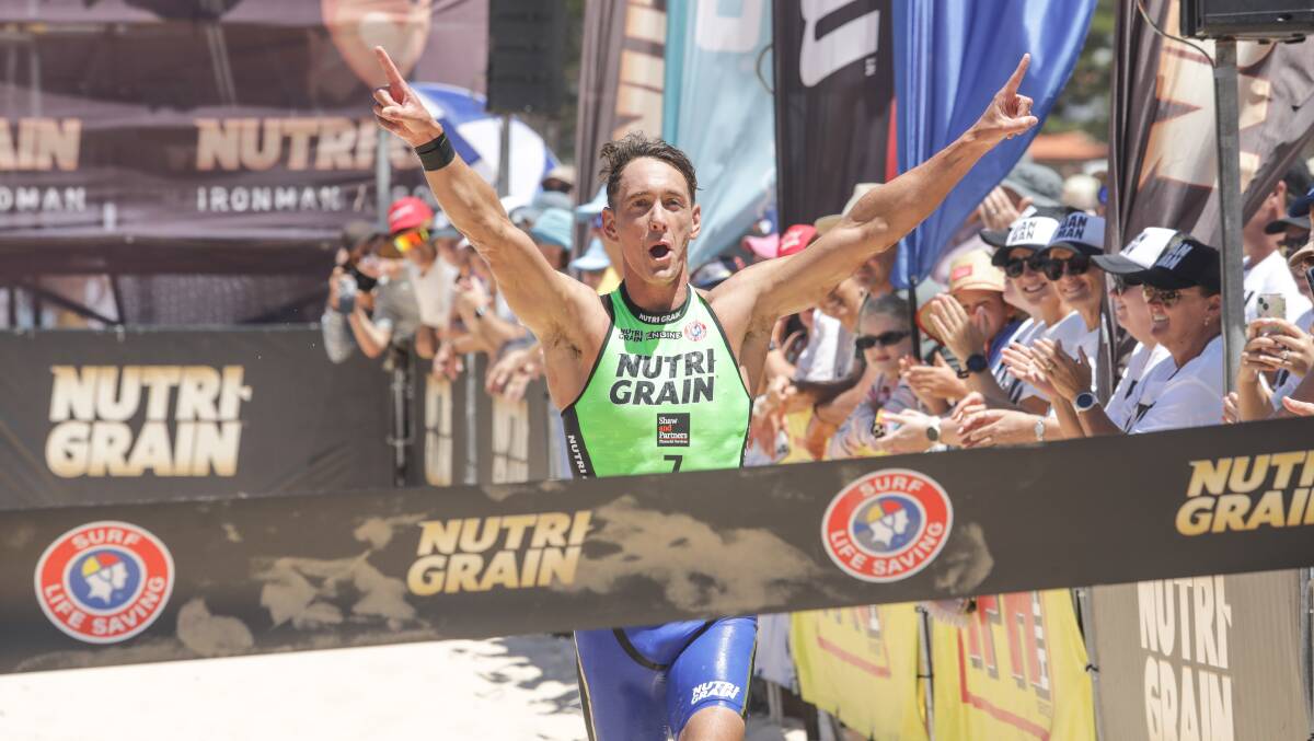 Ali Day raises his arms in truimph after claiming victory in the first round of the 2023/24 Nutri-Grain Ironman Series. Picture - Nutri-Grain Series