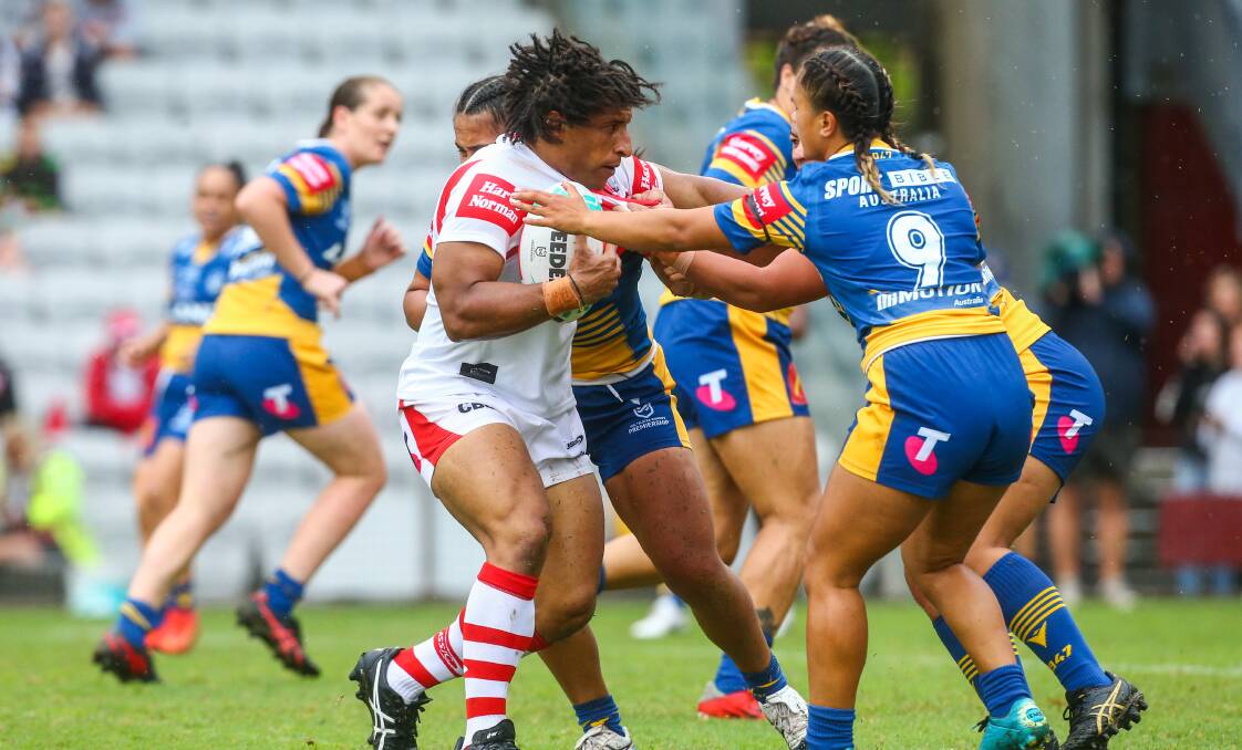 WINDING UP: Elsie Albert musters a strong carry against the Eels at WIN Stadium. Picture: Wesley Lonergan
