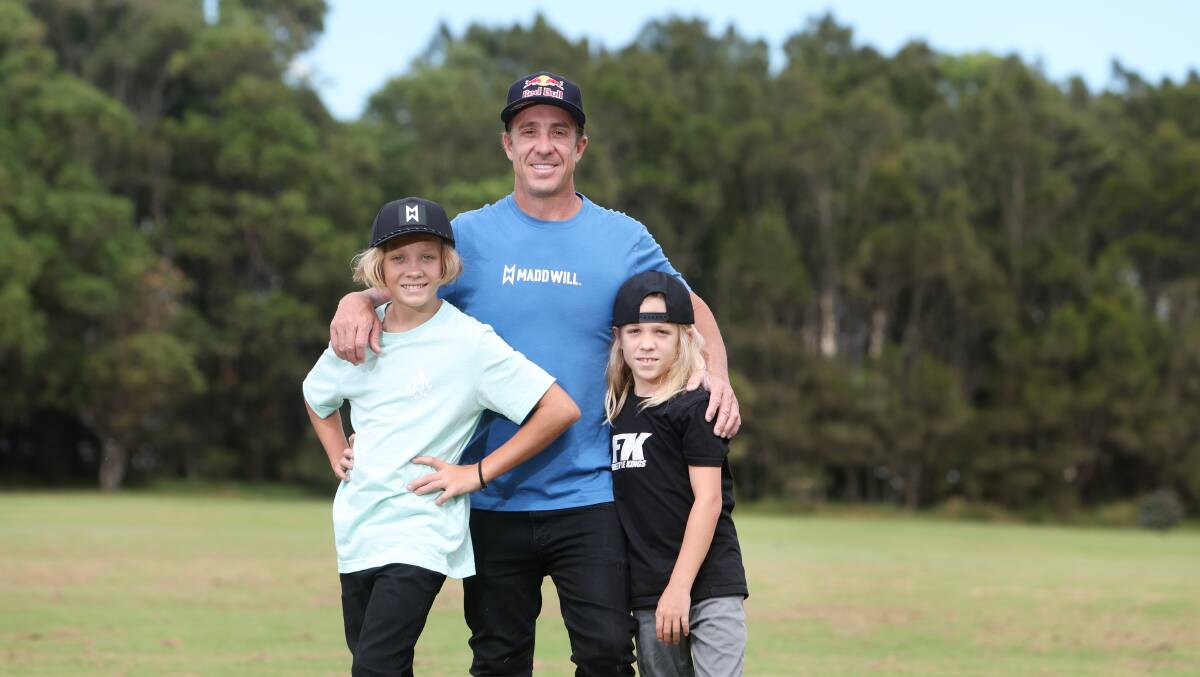 Legendary Kiama motorbike stunt rider Robbie Maddison and his sons Kruz and Jagger can't wait to entertain at the Freestyle Kings show in Wollongong on March 2. Picture by Sylvia Liber