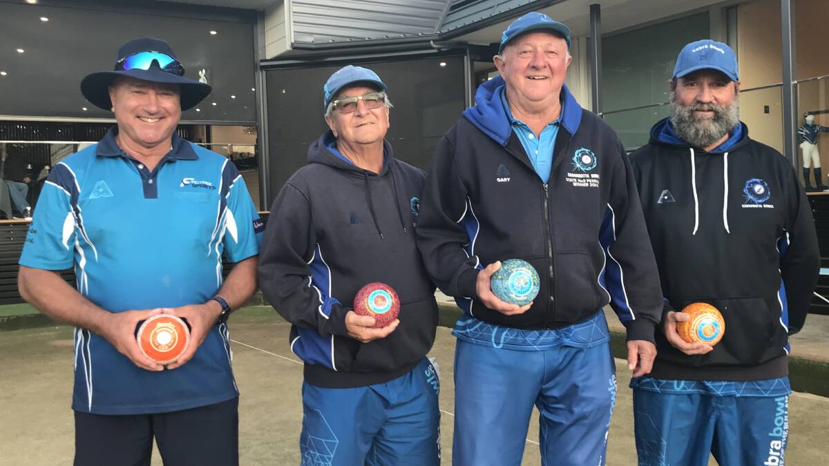 Champs: Mario Marsh, Arthur Piesley, Gary Corey and Mark Hobill won the Greg Thurling Open Fours at Figtree Sports. Picture: Mike Driscoll