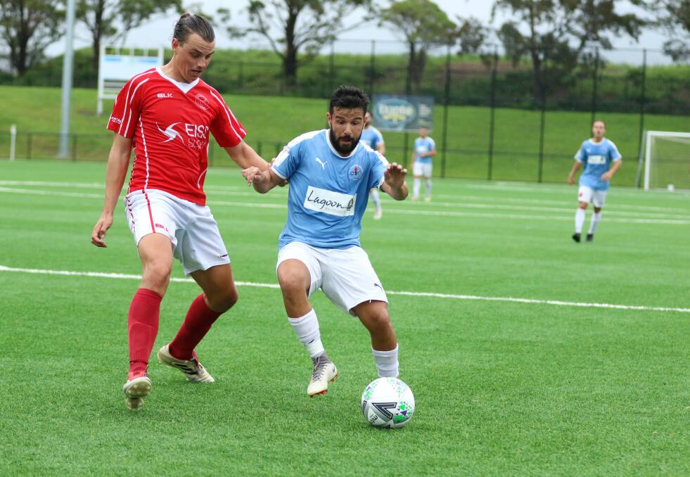 WAITING GAME: Action from the Frat Cup quarter-final between Wollongong Olympic and Fernhill. All Football South Coast competitions have now been suspended. Picture: John Carusi