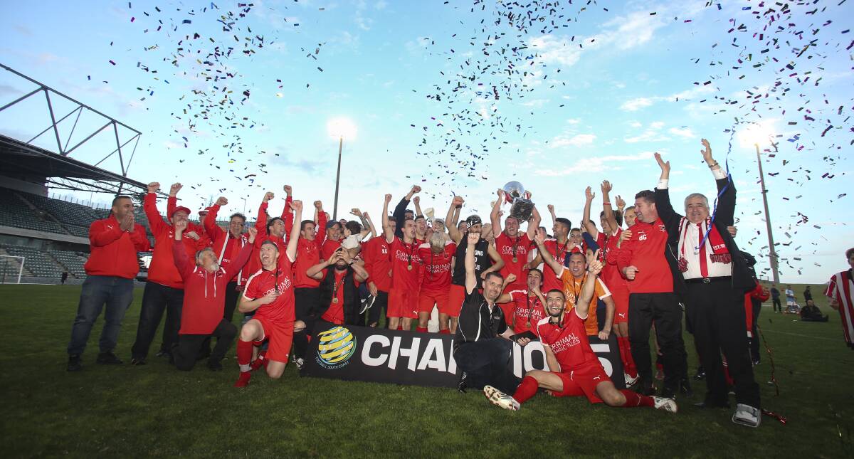 JUBILANT: Corrimal players celebrate after being crowned Illawarra Premier League champions last September. Picture: Anna Warr