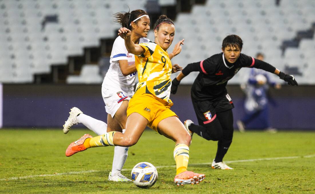 ON TARGET: Caitlin Foord shoots for goal against Chinese Taipai earlier this year. Picture: Simon Bennett