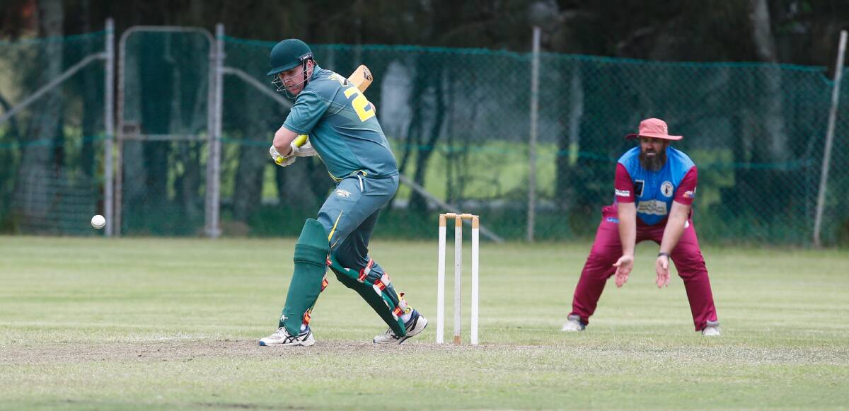 Albion Park batter Riley Herbert prepares to hit the ball down the ground earlier this year. Picture by Anna Warr 