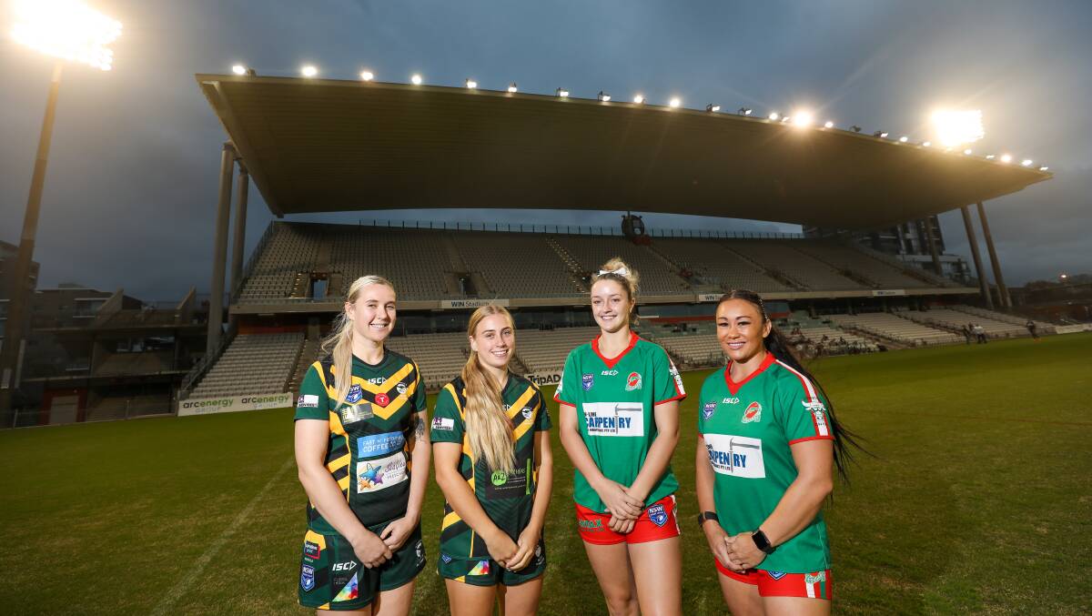Illawarra women's league players (from left) Jaimee-Lee Cotter, Lily Gibson, Charlotte Basham and Tammy Fletcher at WIN Stadium. Picture: Adam McLean