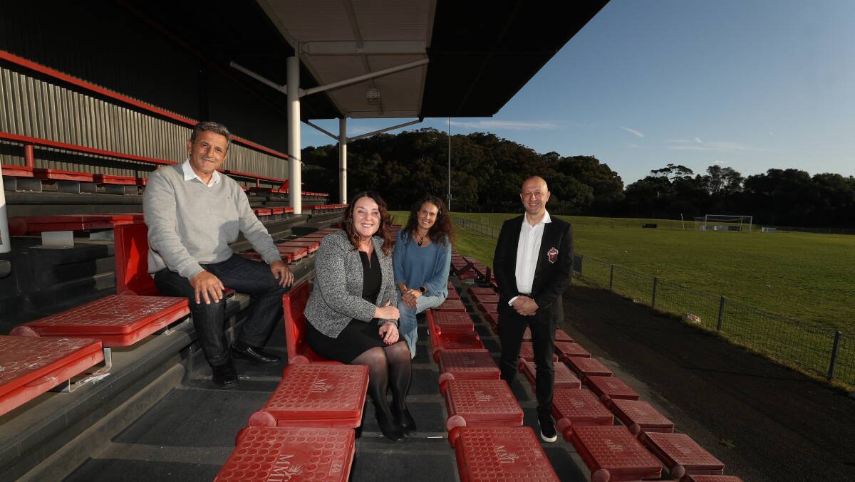 Wollongong Wolves chairman Tory Lavalle, Cunningham MP Alison Byrnes, Illawarra Local Aboriginal Land Council CEO Adell Hyslop and Wolves CEO Strebre Delovski are backing a bid for Albert Butler Park to host a Women's World Cup team in 2023. Picture by Robert Peet