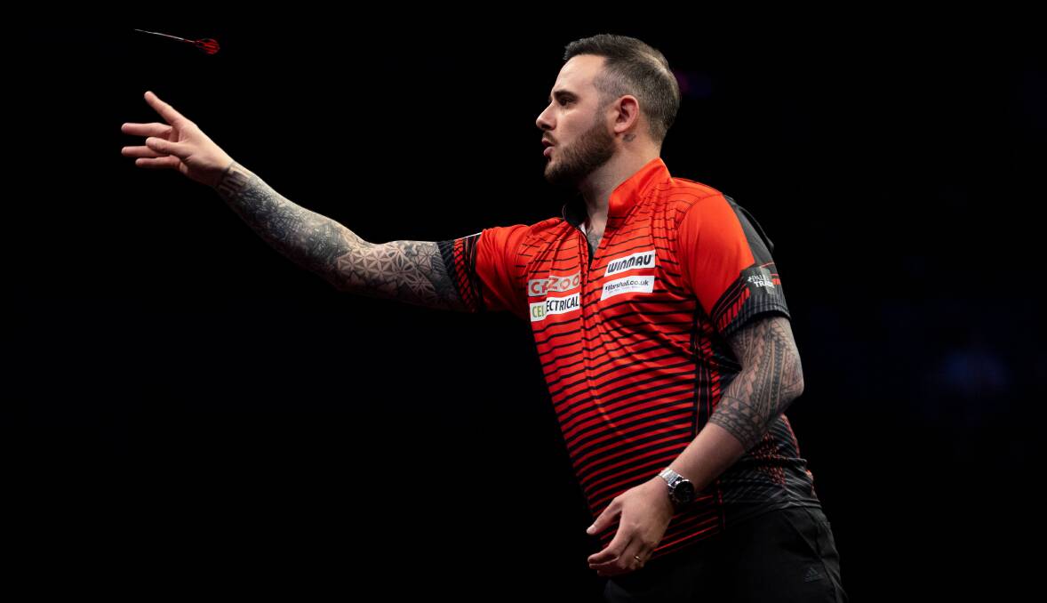 ON TARGET: England's Joe Cullen throws during the recent Cazoo Premier League Darts. Picture: Julian Finney/Getty Images via Professional Darts Corporation
