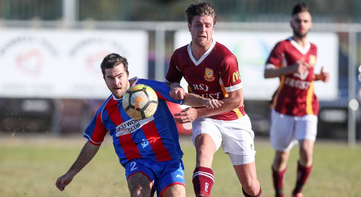 FOCUSED: Woonona's Cameron Besgrave keeps his eye on the ball during a Premier League game against Picton. Pictures: Adam McLean