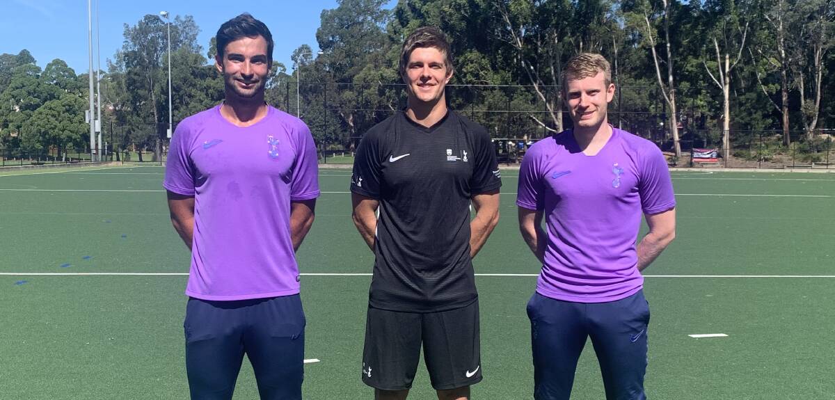 SUPPORT: Illawarra Academy of Sport physical performance coach Mitch Nielsen (centre) with Tottenham representatives Matheus Scapin and Robert Gold. Picture: IAS