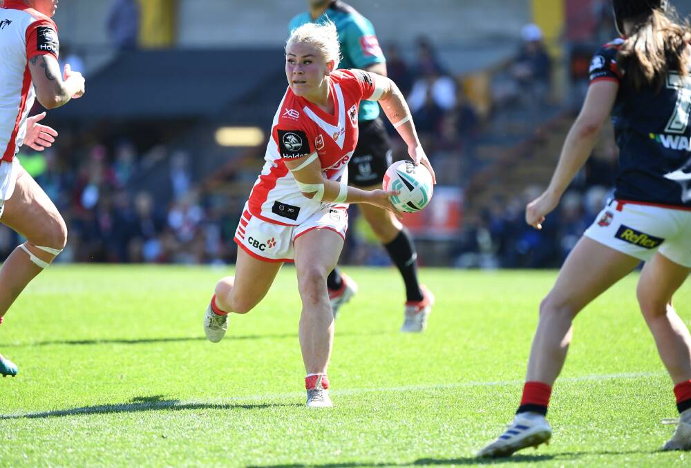 Dragons five-eighth Keeley Davis runs the ball forward against the Sydney Roosters last Sunday. Picture: Grant Trouville/NRL Imagery