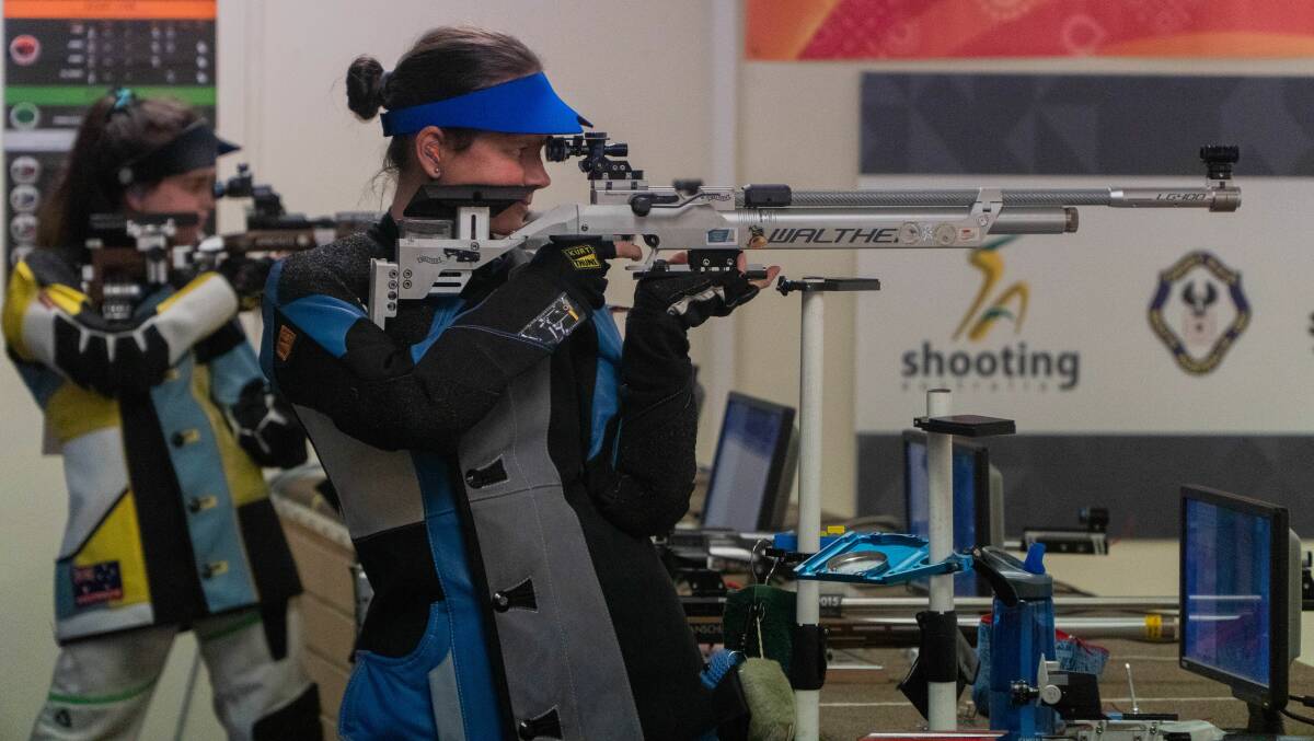 Maria Rebling lines up her next shot during the 10-metre air rifle competition at the Wingfield Range. Picture: Raphael Ross, Shooting Australia