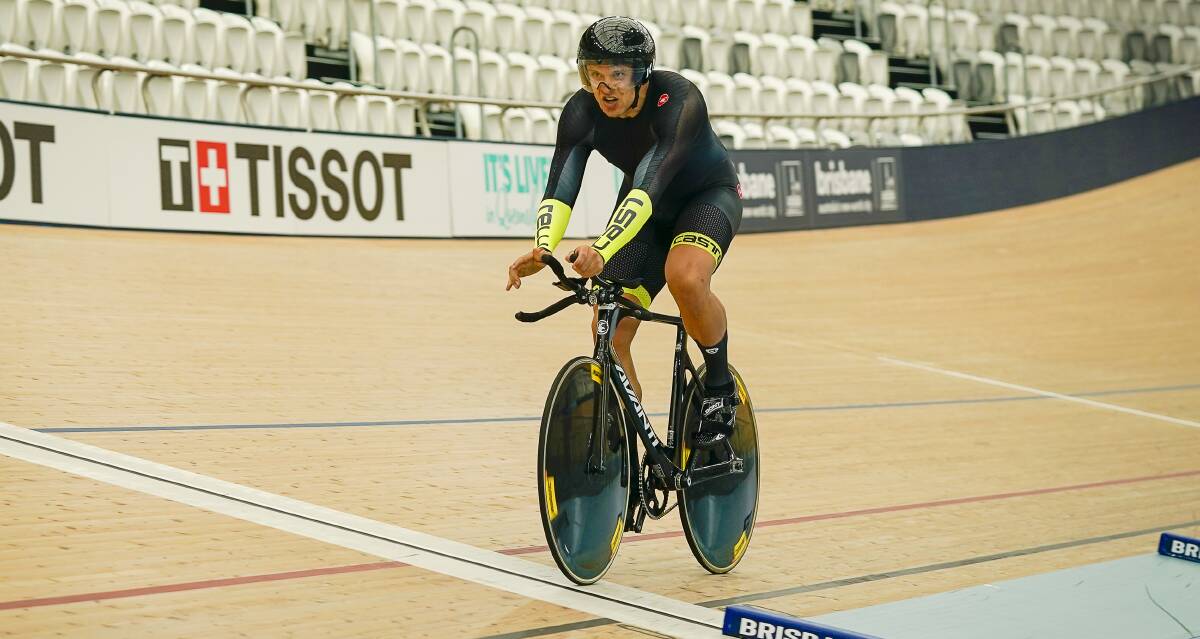 Shane Dirks crosses the finish line at the Anna Meares Velodrome. Picture: Chris Seen Photography