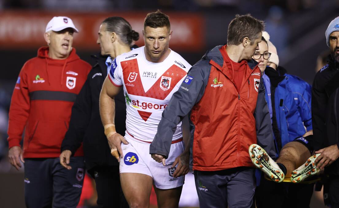 GONE: Dragons second rower Tariq Sims is sent to the sinbin on Saturday night after a high tackle on Cronulla's Connor Tracey at PointsBet Stadium. Picture: Matt King/Getty Images