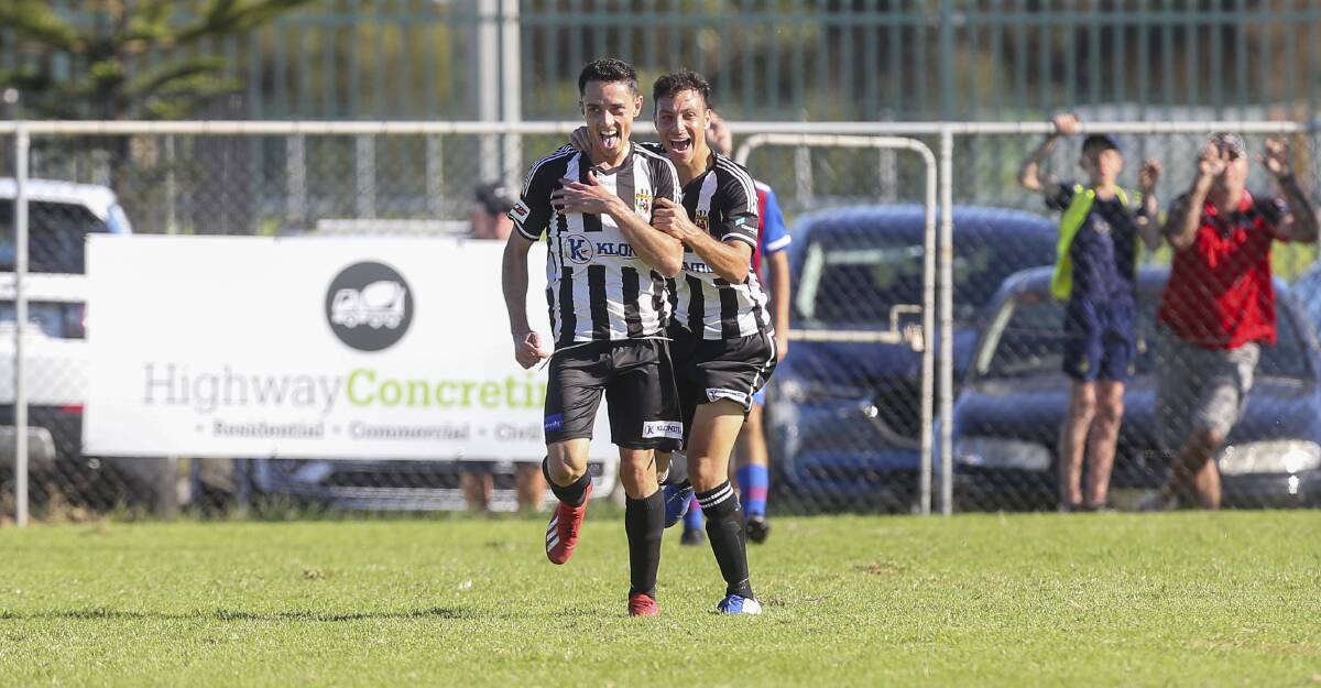 PARTY TIME: Jordan Nikolovski (left) celebrates with a teammate after scoring Port's fourth goal at Ocean Park on Saturday. Picture: Anna Warr