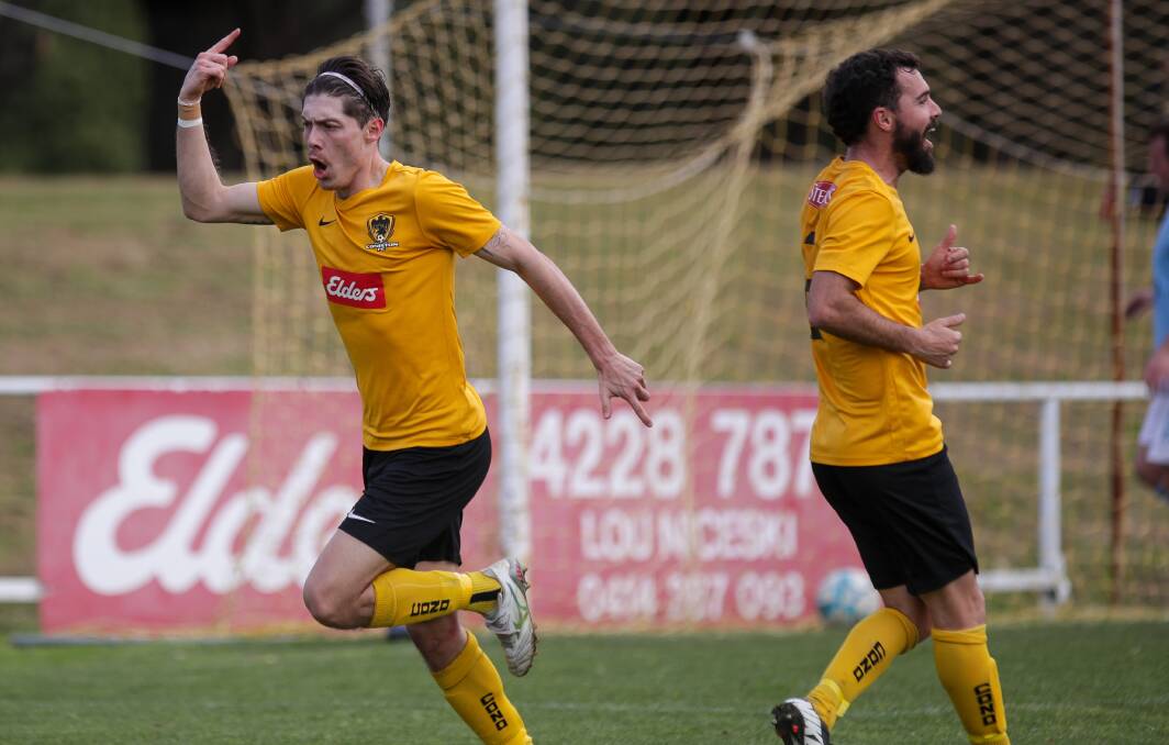 Coniston forward Adam Voloder celebrates after scoring a goal against Wollongong Olympic earlier this season. Picture by Adam McLean