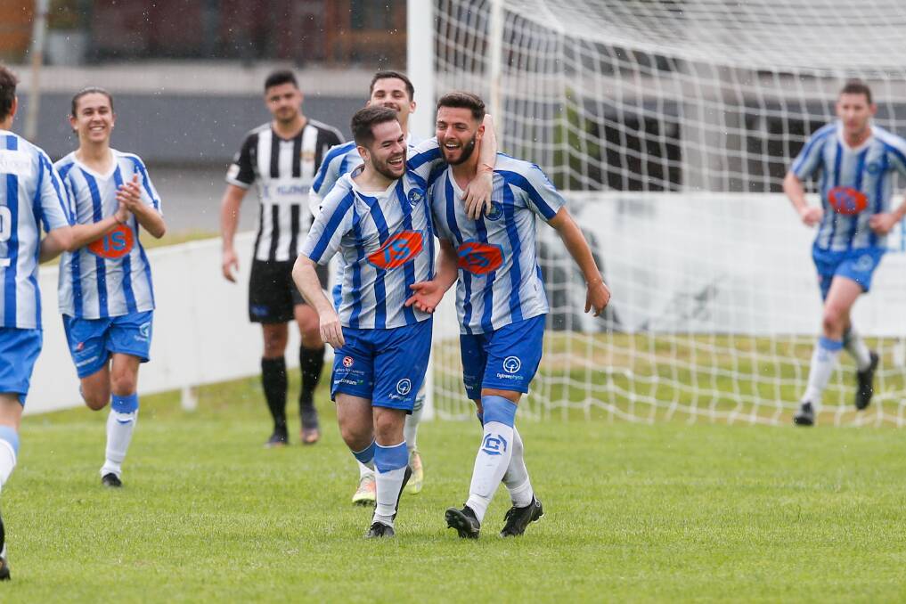 HAPPY DAYS: Tarrawanna, pictured here celebrating a goal against Port Kembla recently, lead the race to this year's Illawarra Premier League championship. Picture: Anna Warr