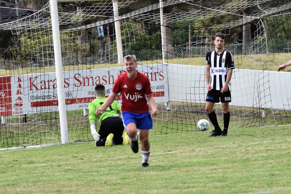 DELIGHT: Albion Park's Cody Wehmeyer scores a goal against Port Kembla in a Bert Bampton Cup game last weekend. Picture: Kiah Hufton