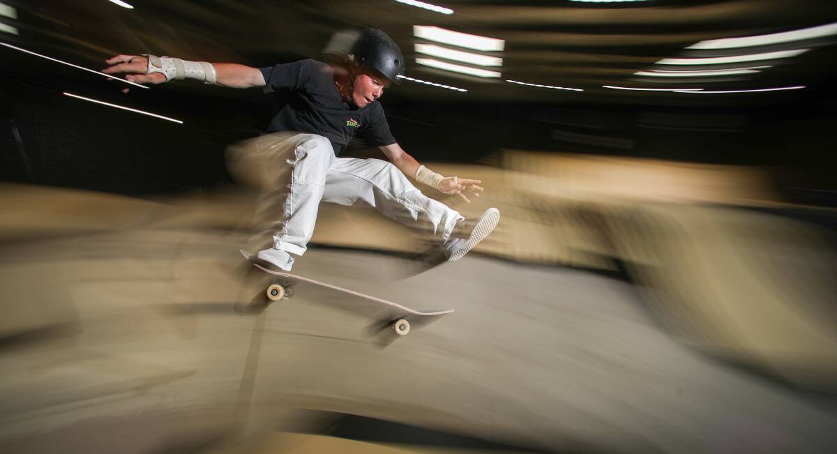 MOVING FORWARD: Kieran Woolley practises at 3Sixty Indoor Skatepark. Picture: Adam McLean