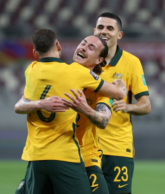 DELIGHT: Jackson Irvine (centre) celebrates a goal with his Socceroos teammates against China last week. Picture: Nikku/Xinhua via Getty Images
