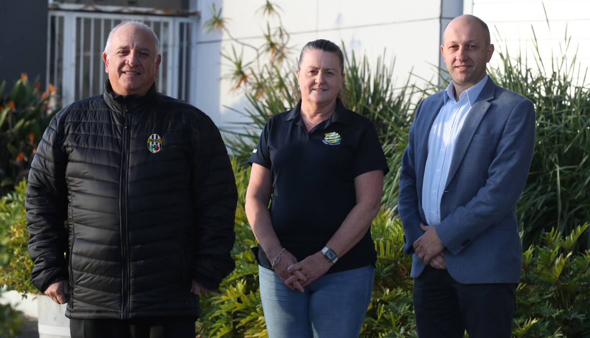 SUPPORT: Port Kembla Football Club president Frank Gigliotti, Football South Coast board member Tracey Freeman and Wollongong Wolves chief executive Strebre Delovski. Picture: Robert Peet