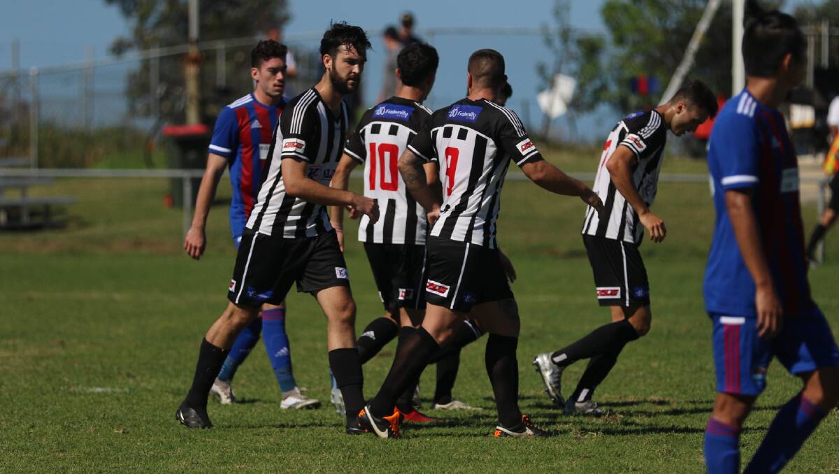 Port Kembla players celebrate after scoring a goal against Woonona at Ocean Park on Saturday. Picture: JC Sports Photography