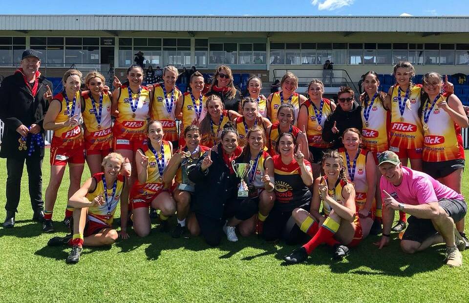 The Suns celebrate after winning the Women's Division One premiership. Picture: AFL South Coast