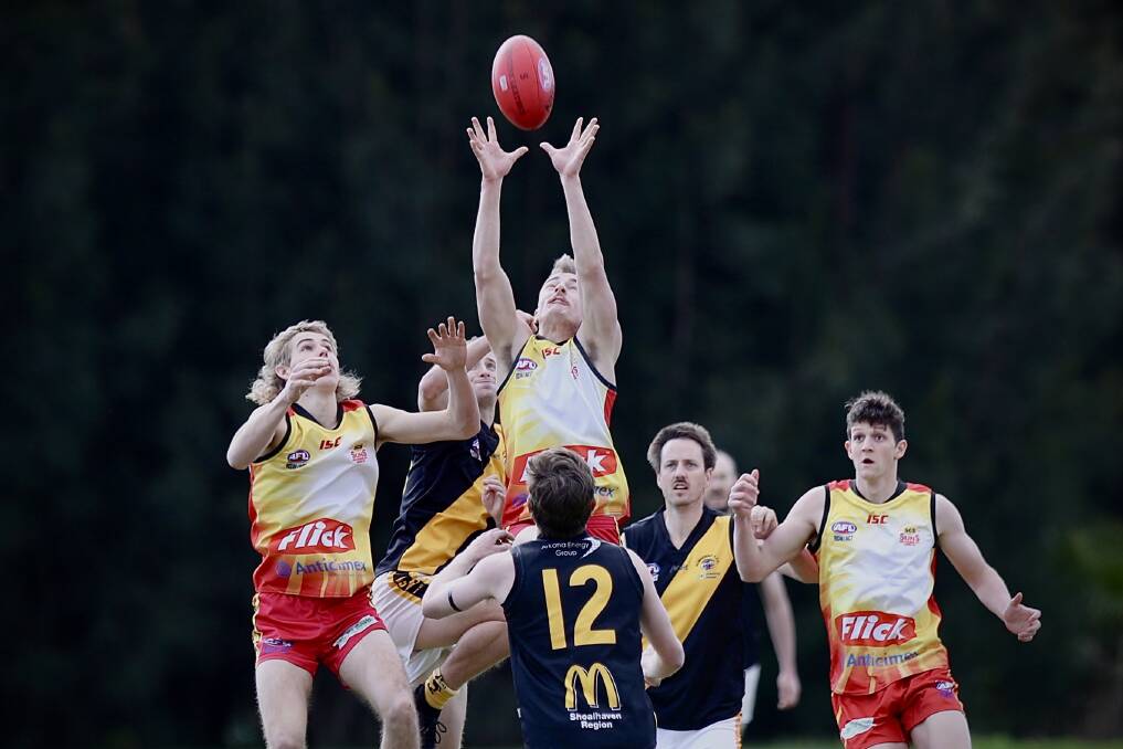 Action from Shellharbour's win over Bomaderry in the AFL South Coast's Men's Premier Division at Myimbarr Oval on Saturday. Pictures: Adam McLean