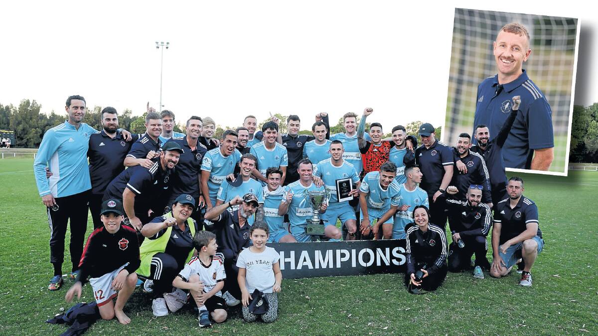 Rick Goodchild (inset) and his Wollongong Olympic teammates celebrate after winning last year's Bampton Cup. Pictures by Sylvia Liber and Adam McLean