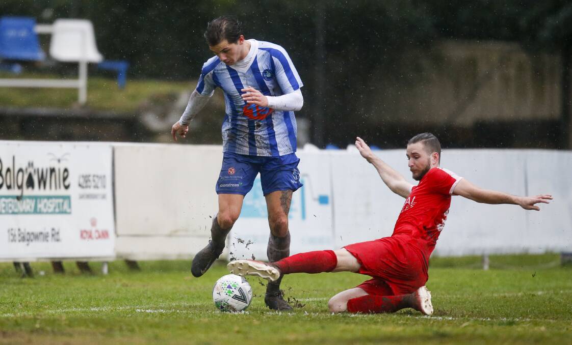 BACK ON FIELD: Bluey Zac Mazevski attempts to get past a Corrimal defender recently at Tarrawanna Oval. Picture: Anna Warr