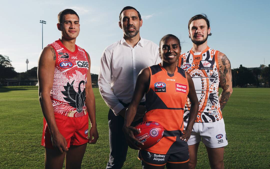 UNITED: Shellharbour junior and Swans young gun James Bell (left) with Swans great Adam Goodes, and Delma Gisu and Zac Williams from the GWS Giants in May 2019. Picture: James Brickwood