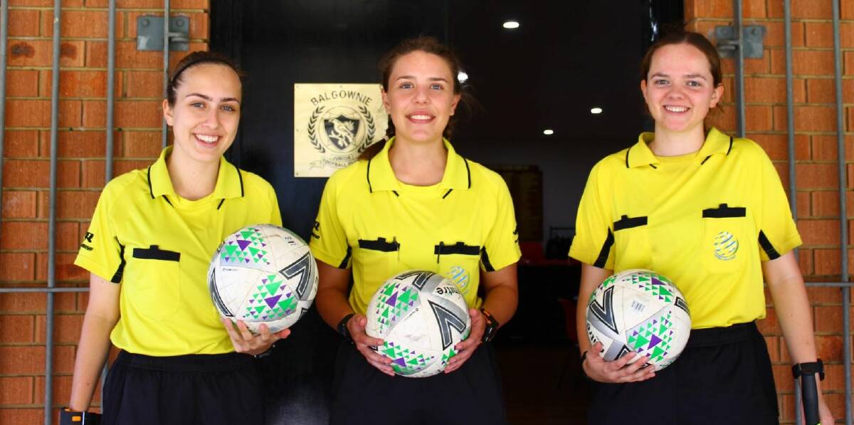 IN CHARGE: South Coast referees Casey Flemming (left), Demi Goddard and Annaliese Phipps. Picture: Paul Flemming