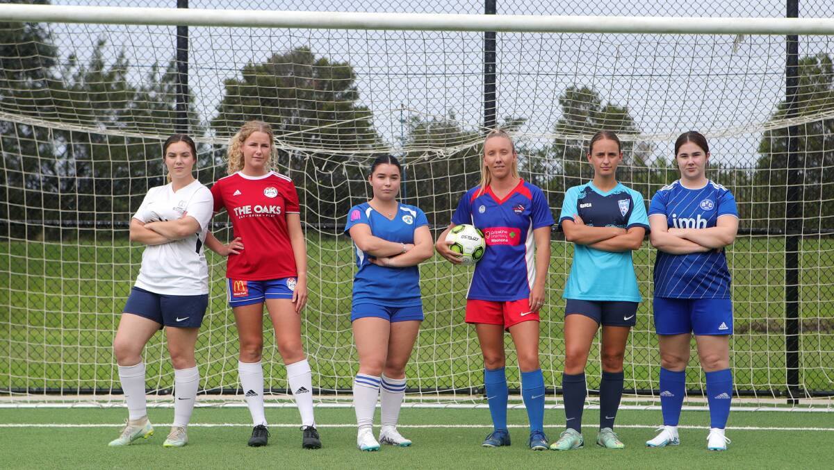 Representatives in the new Women's Illawarra Premier League (from left) UOW's Edith Lume, Albion Park's Ariel Green, Thirroul's Mila Gehrke, Woonona's Jordan Wheatley, Shellharbour's Nikola Wilson and Bulli's Claire Falls. Picture by Sylvia Liber