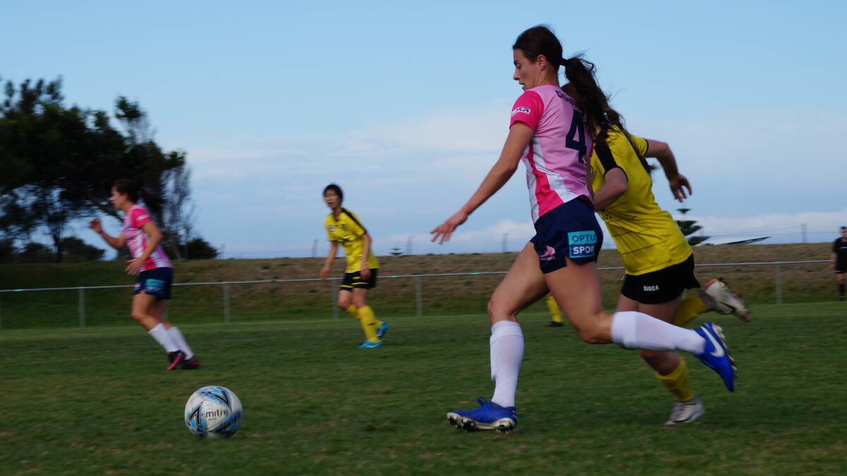 Stingrays defender Margaux Chauvet chases after the ball during a game last year. Picture: Alison Dinh