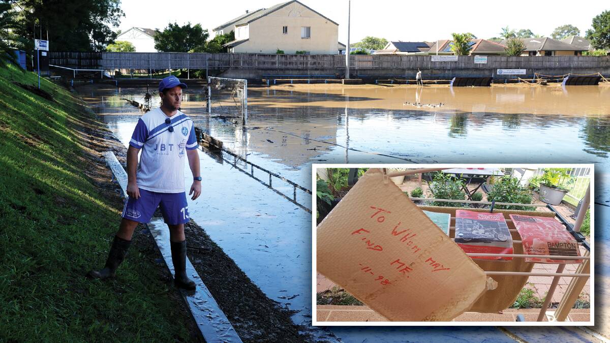 Bulli Football Club president Dane Hamilton assesses the flood damage at Balls Paddock on Sunday, while (inset) a time capsule has been found within the clubrooms. Pictures by Sylvia Liber and Christine Dodd