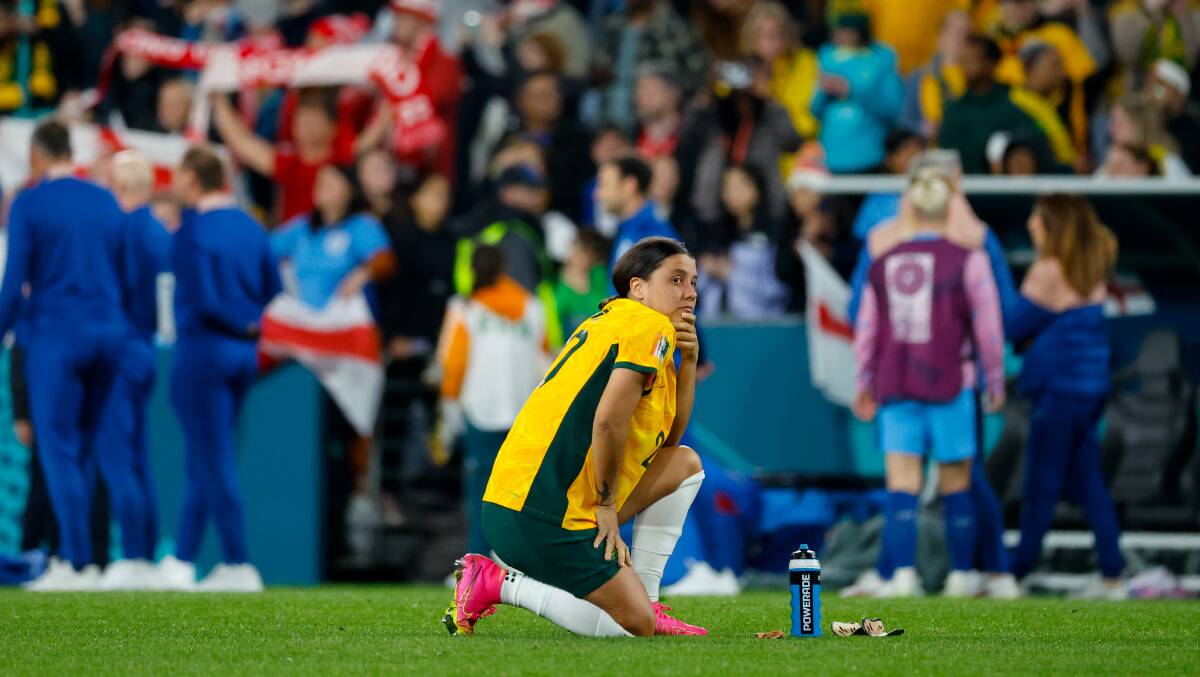 Sam Kerr was left with plenty to ponder - and a potentially aching body - following the Matildas' 3-1 defeat to England on Wednesday night. Picture by Anna Warr
