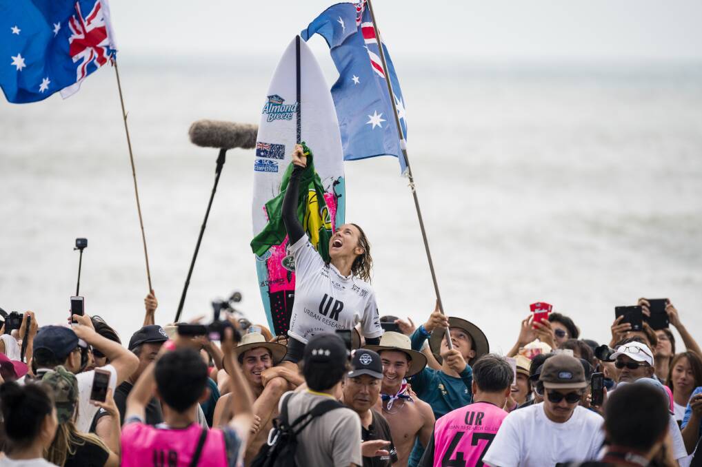 CHASING THAT FEELING: Gerroa's Sally Fitzgibbons celebrates after claiming victory in Japan in 2018. Pictures: Martin Fitzgibbons and Under Armour
