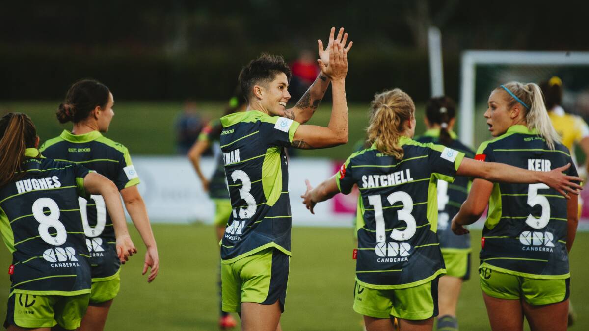Michelle Heyman celebrates after scoring a goal for Canberra United this season. Picture: Dion Georgopoulos
