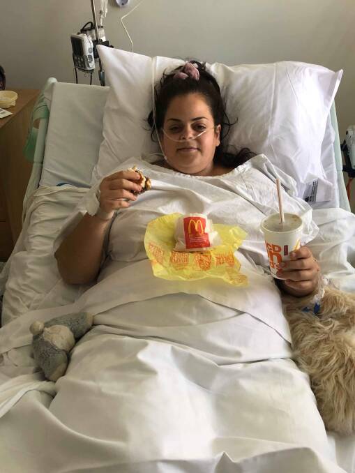 Week from hell: Sarah McClure with her first meal in hospital since her freak accident in Bathurst on May 8.